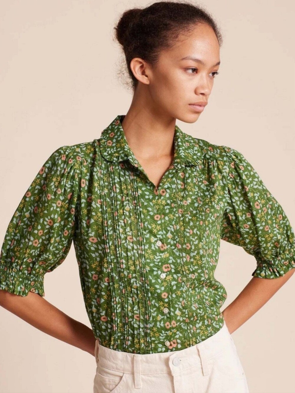 Anthropologie Trovata Romantic Green Floral Pintuck Button-Down Blouse, Size M